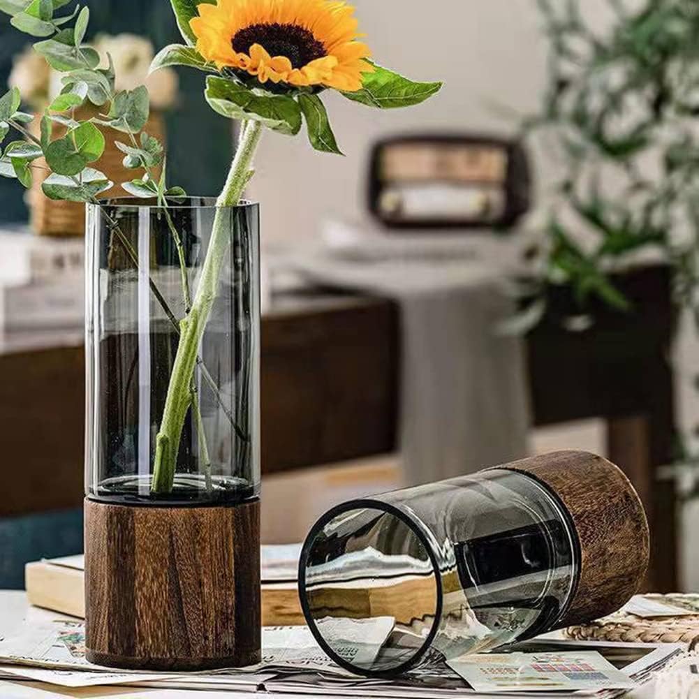 Glas Blumenvase Modern Zylinder Vase Handgefertigte kristallklare Glasvase mit Holzsockel Blumenblum