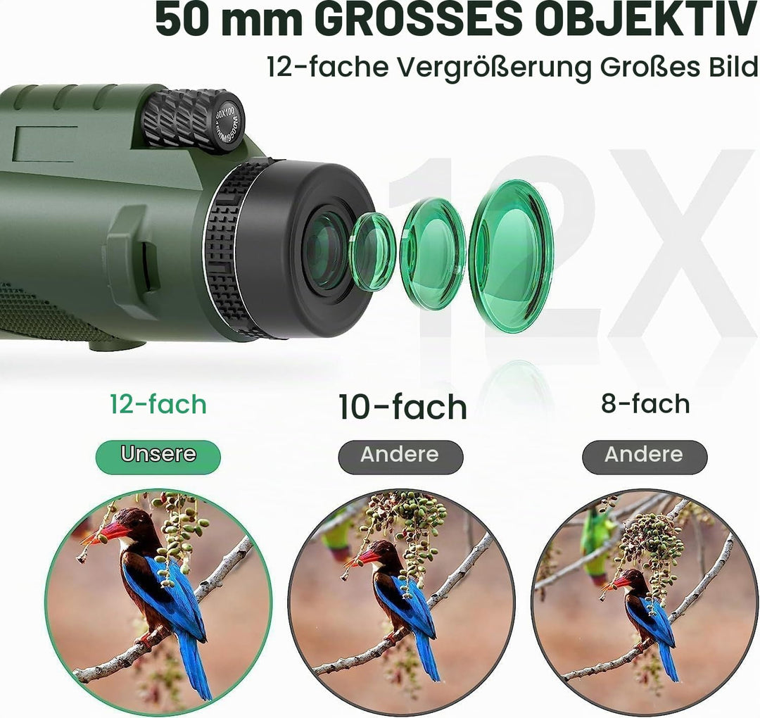 Monokulares Teleskop, Monokular 12x50, Monokular für Erwachsene, mit BAK4-Prisma und FMC-Objektiv, m