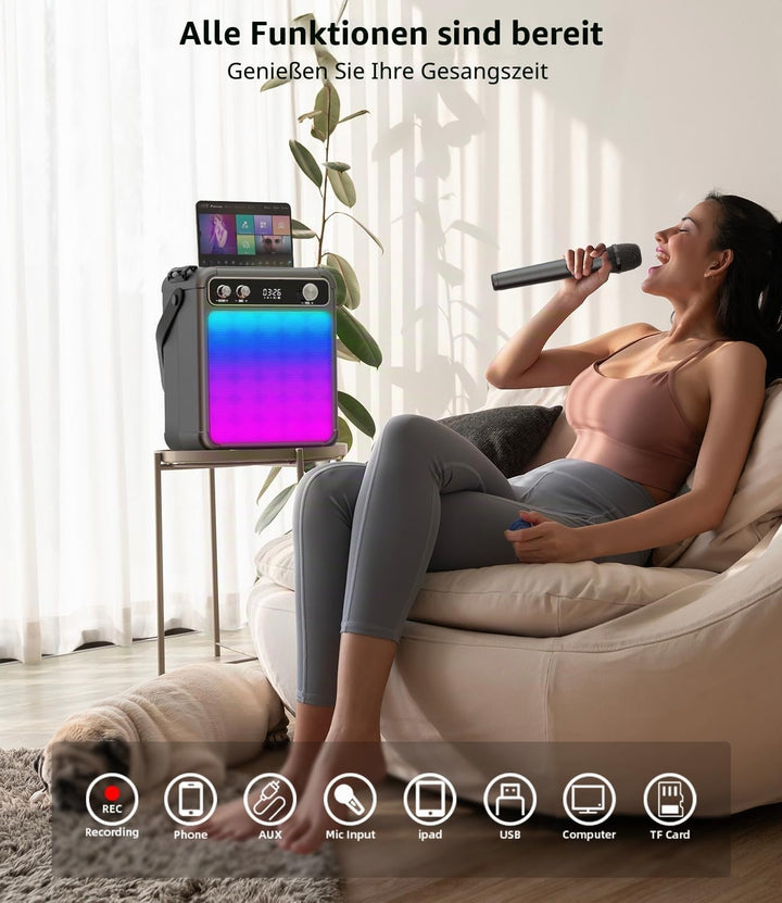 Karaoke Maschine mit 2 Mikrofonen, tragbarer Bluetooth Karaoke System mit LED Lichtern, Stereo TWS,