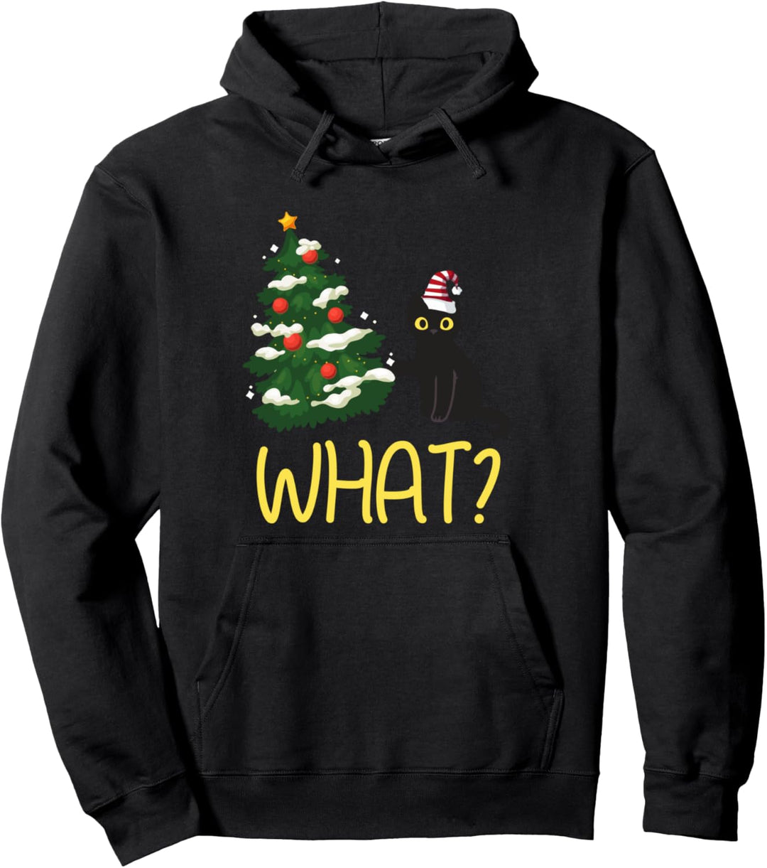 Black Cat Pushing Christmas Tree Over Funny What? Pullover Hoodie