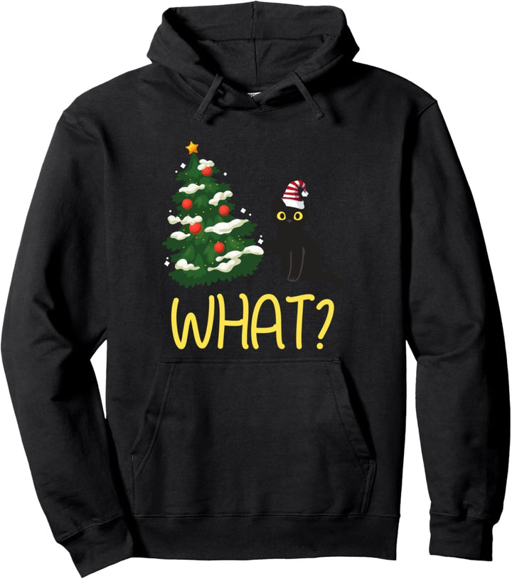 Black Cat Pushing Christmas Tree Over Funny What? Pullover Hoodie