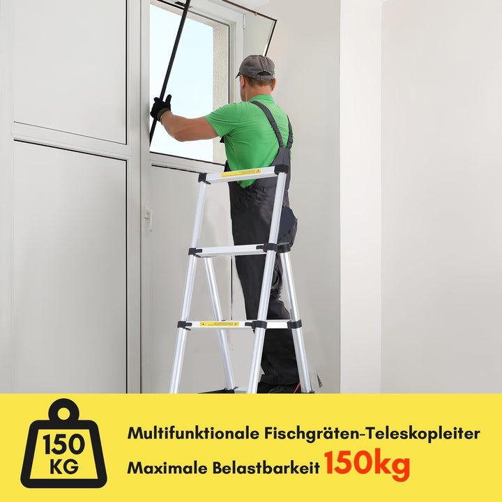 Fiqops 1,7m+2m Teleskopleiter aus Aluminium, 5+6 Stufen Klappleiter A-Rahmen Mehrzweckleiter Stehlei