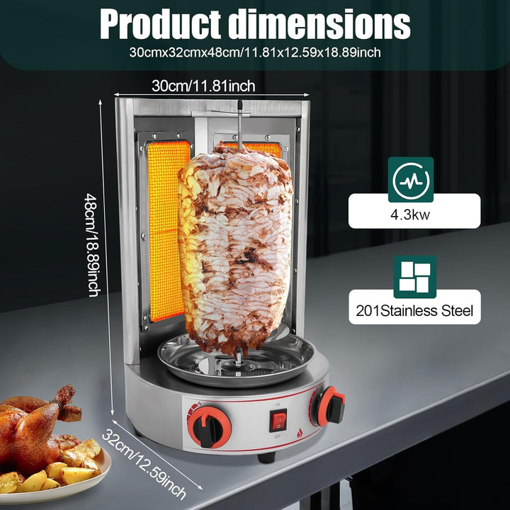4300w Gas Dönergrill, Edelstahl Hähnchengrill, Gyrosgrill mit 360° Drehspiess, Vertikalgrill für Zuh
