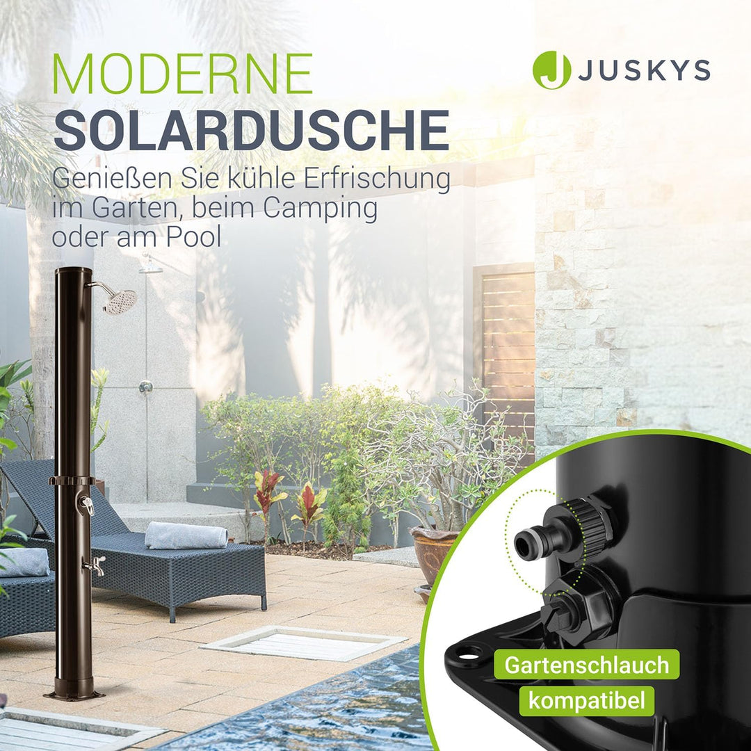 Juskys Solardusche Victoria 20/35 Liter - bis 60°C – mit schwenkbarem Duschkopf, Fussdusche & Garten