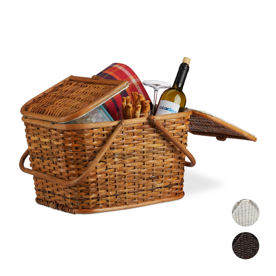 Relaxdays, Honigbraun Picknickkorb mit Deckel, geflochten, Stoffbezug, Henkel, grosser Tragekorb, ha