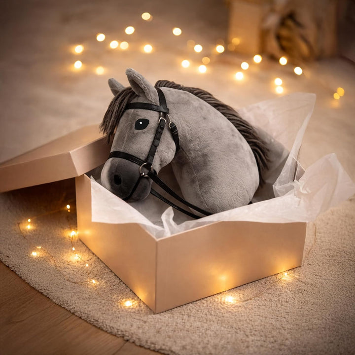 CELMAN Hobby Horse Steckenpferd Grau mit Zaumzeug & Leine – A3 Kopfgrösse – Grosser Reitspass für Ki