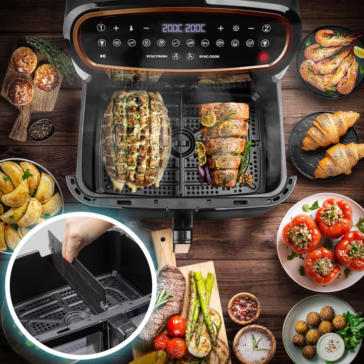Duronic AF34 BG Heissluftfritteuse | XXL Doppel Fritteuse mit 2 Kammern und 10 Liter Volumen | Cook