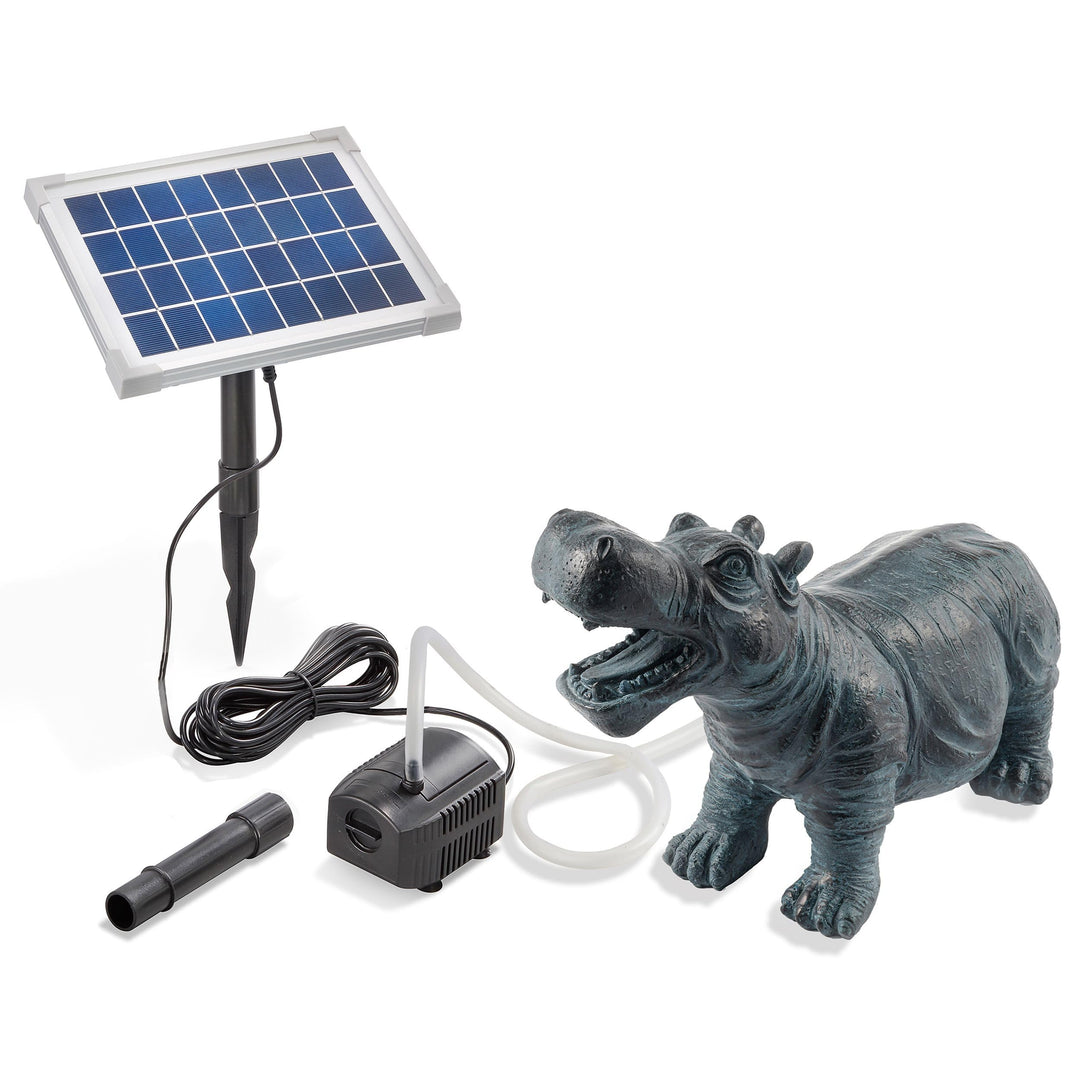 Solarbetriebener Wasserspeier Nilpferd - inkl. Solar Teichpumpe 5 Watt 250 l/h - Masse ca. 265 x 120