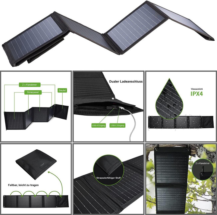 revolt Solarpanel faltbar: 28-Watt-Solar-Ladegerät mit 2 USB-Anschlüssen (5V/4,8A), faltbar, IPX4 (S