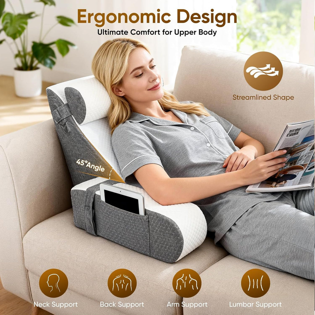 Ergonomisches Lesekissen für Bett und Sofa mit Abnehmbarer Nackenrolle & Armlehne, Multifunktions Rü