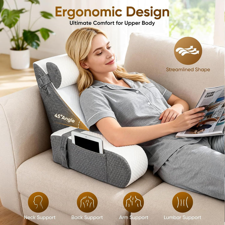 Ergonomisches Lesekissen für Bett und Sofa mit Abnehmbarer Nackenrolle & Armlehne, Multifunktions Rü
