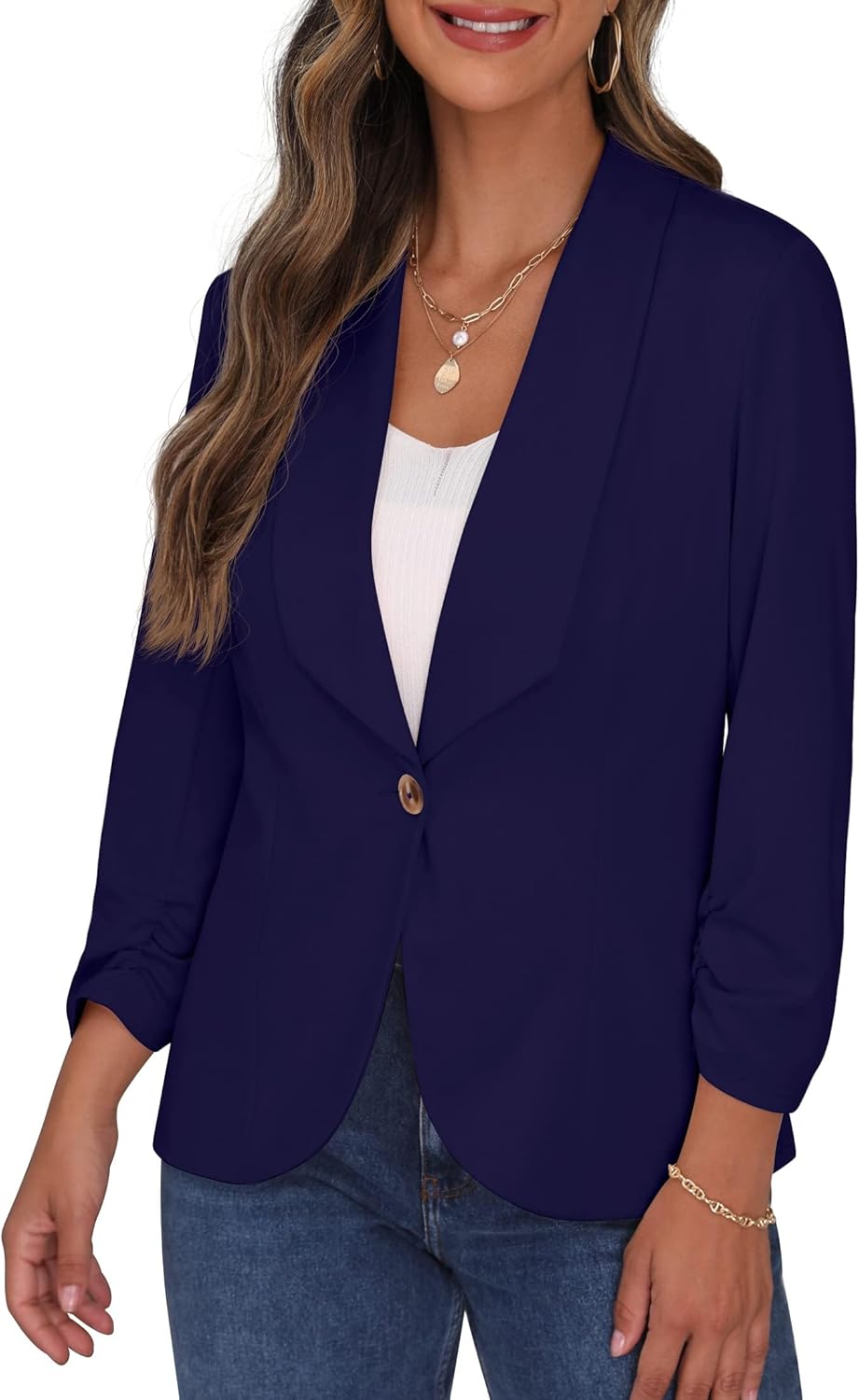 PrinStory Blazer Für Damen 3/4 Geraffte Ärmel Blazer Geschäft Büro Blazer Anzug Sportlich Jack Trenc