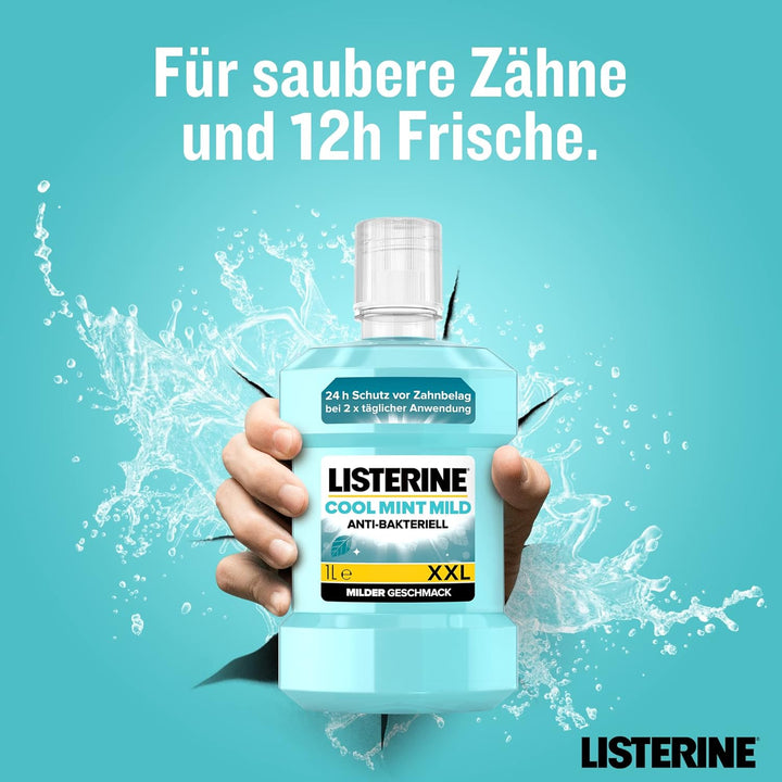 LISTERINE Cool Mint Mundwasser (2 x 1000 ml), antibakterielle Mundspülung mit ätherischen Ölen & int