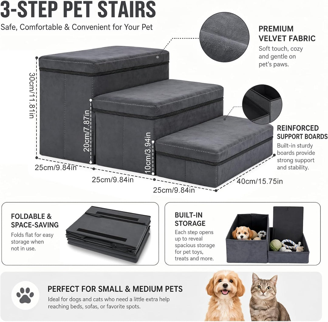 Hundetreppe mit Stauraum, faltbar, 3 Stufen, rutschfeste breite Hunderampe, Haustiertreppe für Bett
