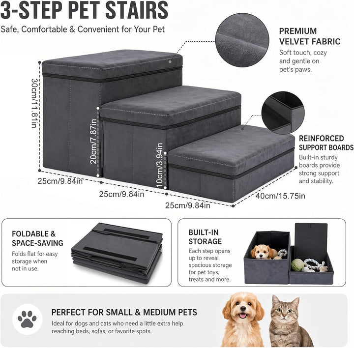 Hundetreppe mit Stauraum, faltbar, 3 Stufen, rutschfeste breite Hunderampe, Haustiertreppe für Bett
