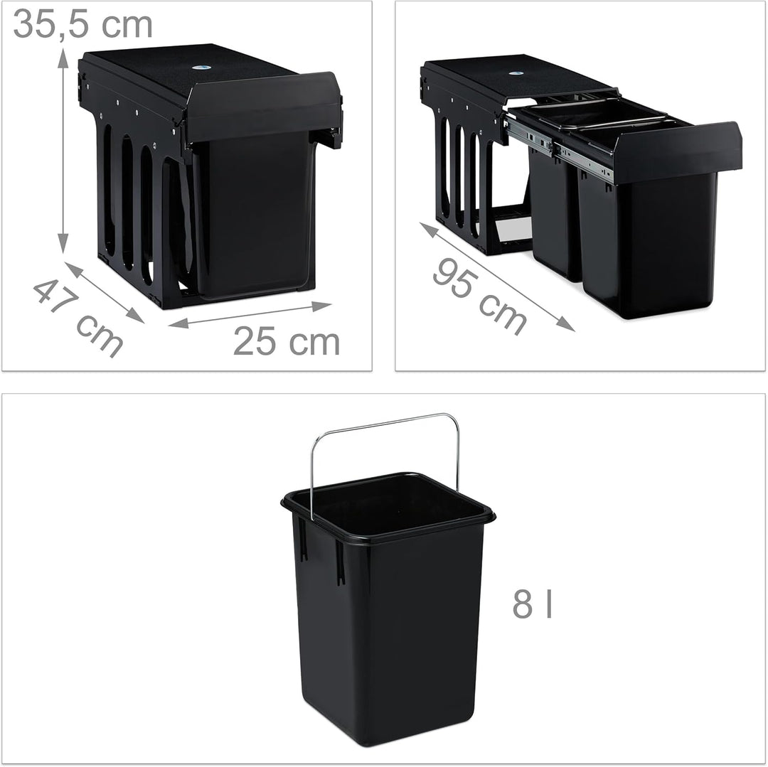 Relaxdays Einbaumülleimer 2-fach, ausziehbarer Küchenmülleimer für Unterschrank, 2x8 Liter, 35,5 x 2