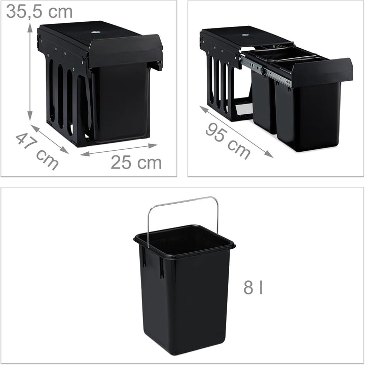 Relaxdays Einbaumülleimer 2-fach, ausziehbarer Küchenmülleimer für Unterschrank, 2x8 Liter, 35,5 x 2