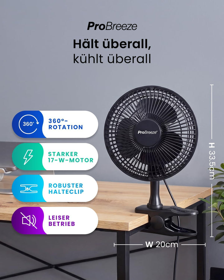 Pro Breeze Mini Ventilator mit Clip - 20 cm Durchmesser, 2 Geschwindigkeitsstufen, starke + stabile