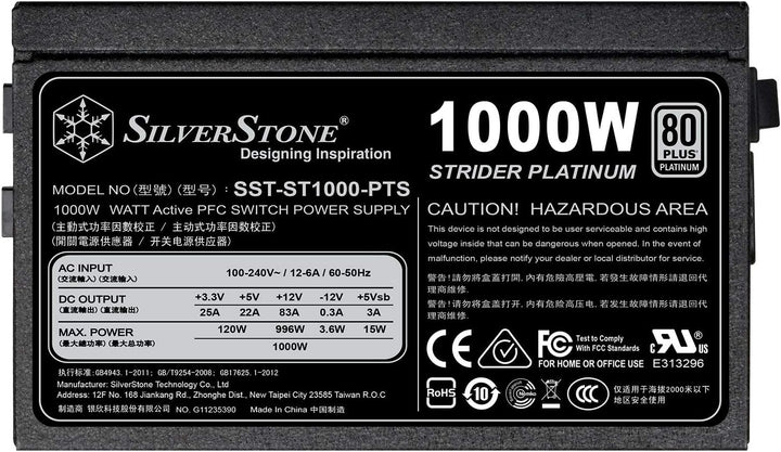 Silverstone Sst-ST1000-PTS - Strider Platinum Serie, 1000W 80 Plus Platinum ATX Flüsterleises PC-Net