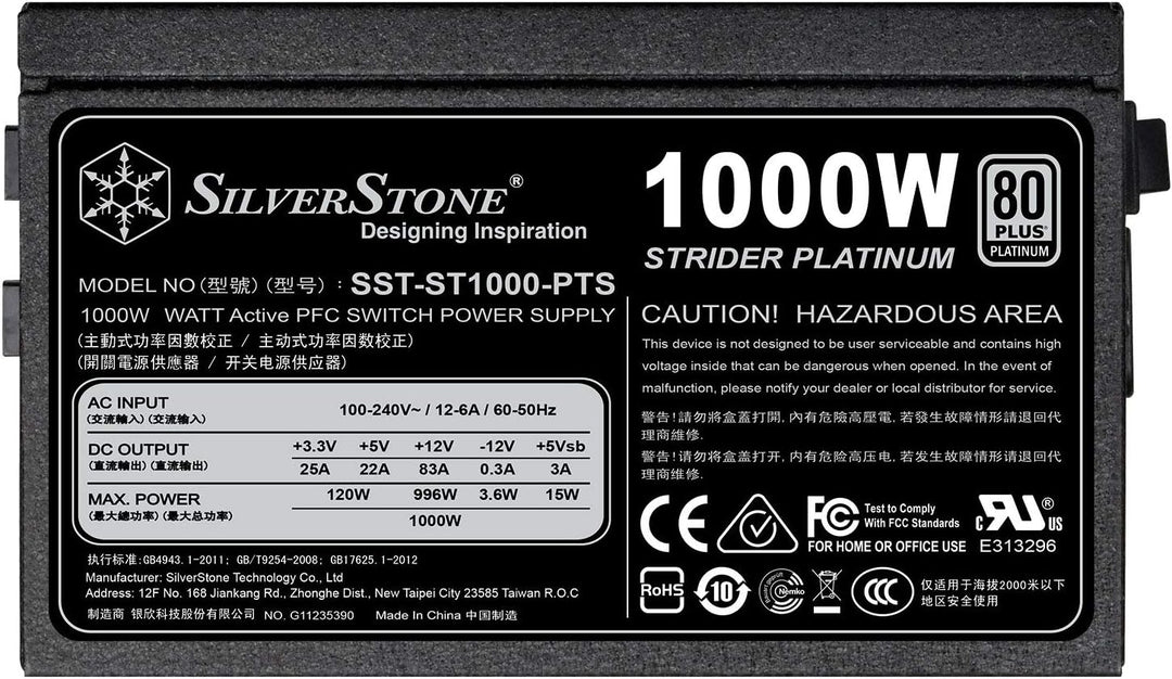 Silverstone Sst-ST1000-PTS - Strider Platinum Serie, 1000W 80 Plus Platinum ATX Flüsterleises PC-Net