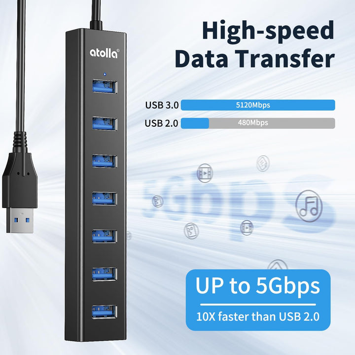 USB Hub 3.0, Aluminium 8-Port USB Verteiler 5Gbps Adapter mit 100cm Lang Kabel, Mehrfach USB3.0-Date