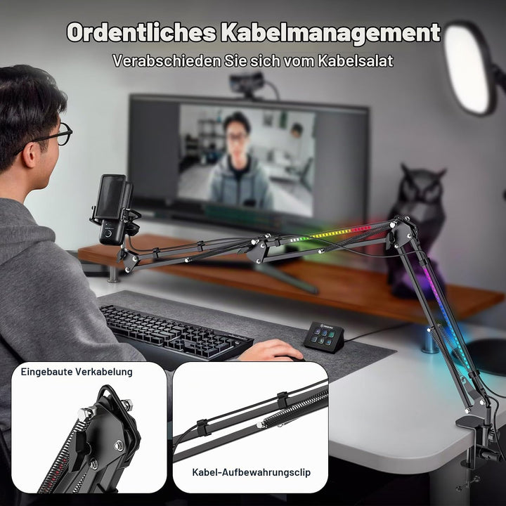 Jubor Mikrofon Boom Arm mit RGB Licht, Mikrofonarm Schreibtisch mit 3/8" bis 5/8" Schraube, Verstell