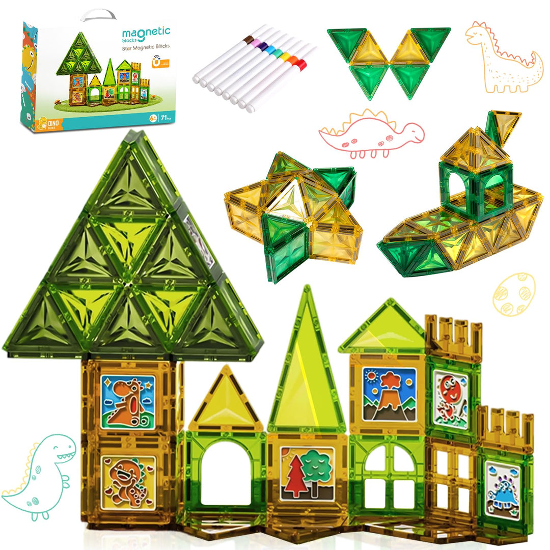 Magnetische Bausteine 71 Teile Magnetische Bausteine Set mit Malstiften - Dinosaurier Thema Grünes M
