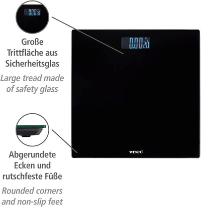 WENKO Personenwaage LCD, präzise, Digitale Körperwaage aus Sicherheitsglas mit automatischer EIN-/Au