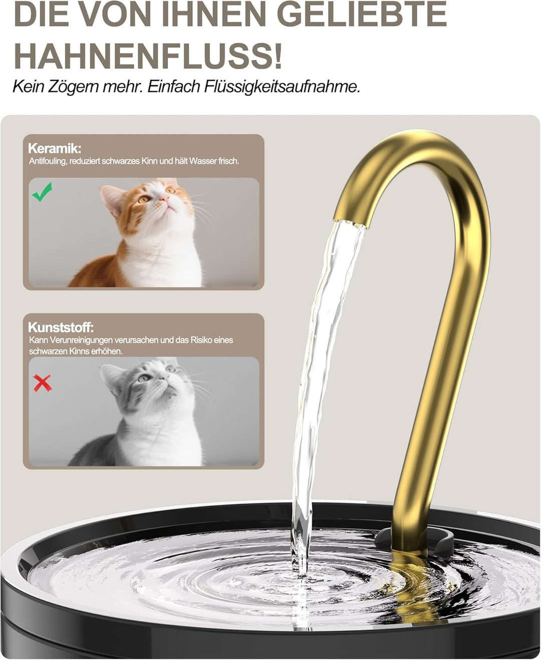 Kittyspout Katzenbrunnen Keramik, 1.2L Trinkbrunnen mit 3 Wasserstufen und Kupferrohr, Leiser Trinkb