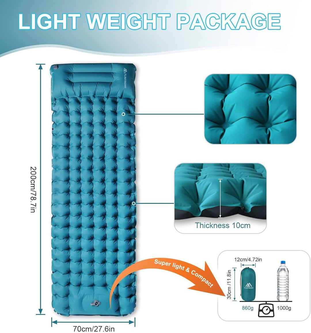 flintronic Camping Isomatte Selbstaufblasende mit Fusspresse Pumpe, 10CM Thick Wasserdicht Isomatte