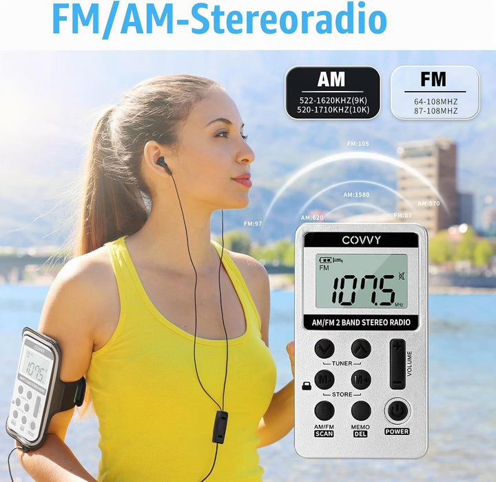 AM/FM Tragbares Radio,Covvy Digitales Pocket Mini Radio mit 500mAh 3.7V Wiederaufladbarer Akku und K