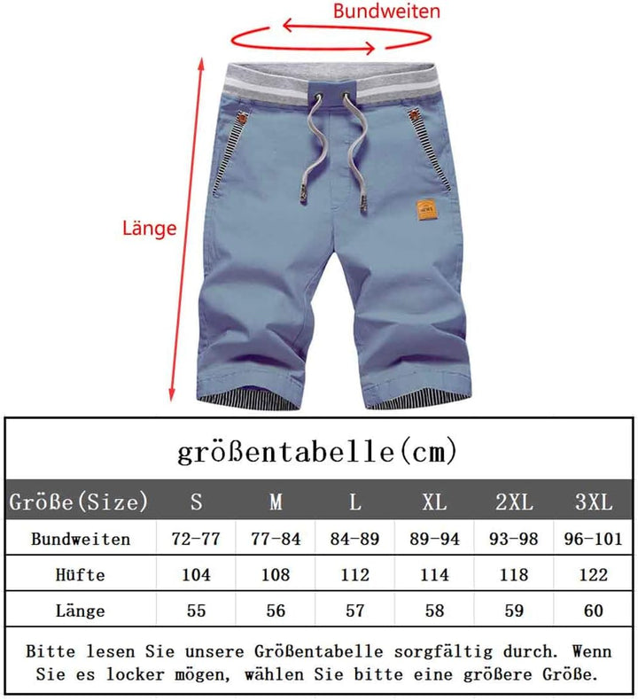 JustSun Kurze Hosen Herren Shorts Chino Baumwolle Sommer mit Tunnelzug S Denim Blau, S Denim Blau