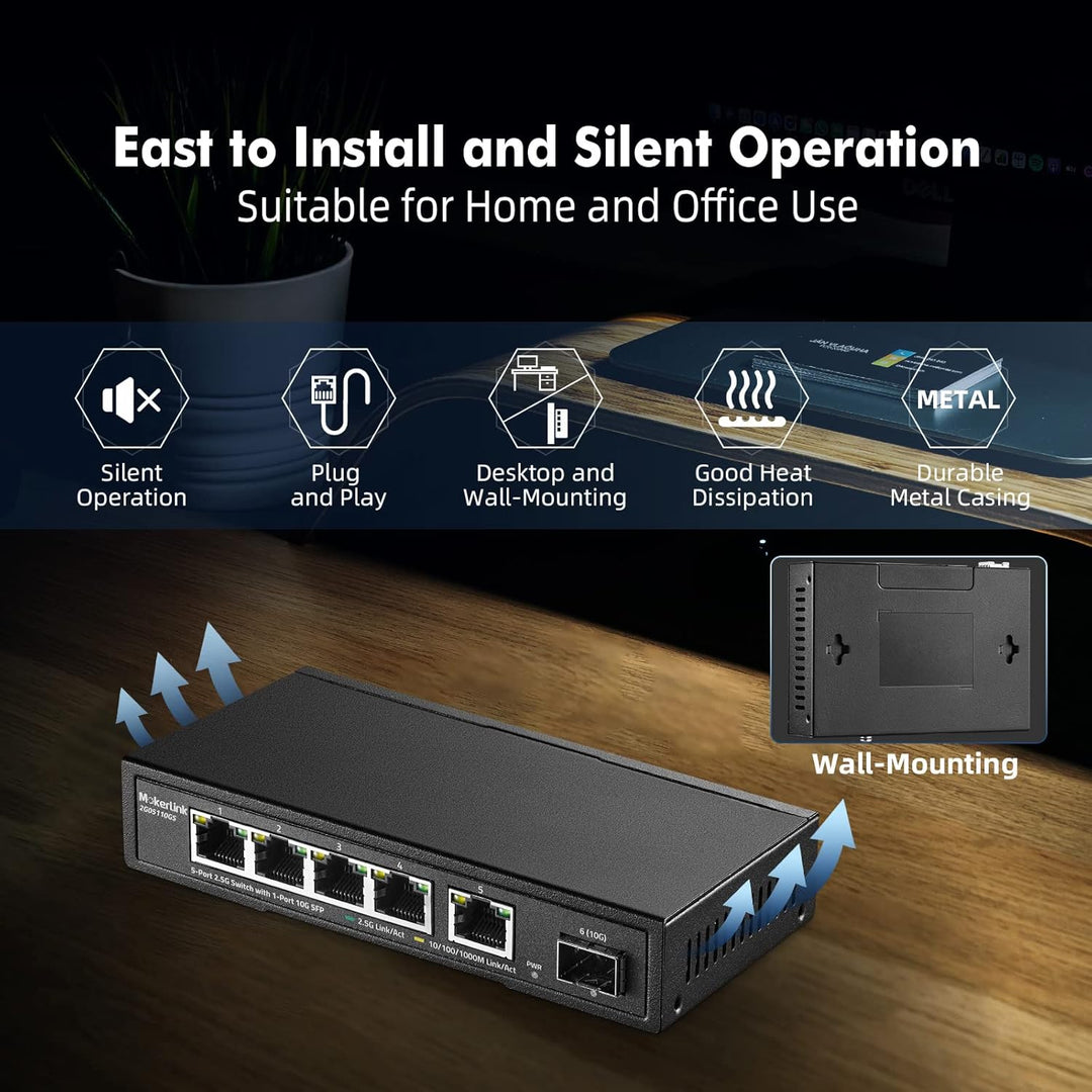 MokerLink 5 Port 2.5G Ethernet Switch mit 10G SFP, 5 x 2.5G Base-T Ports kompatibel mit 10/100/1000M