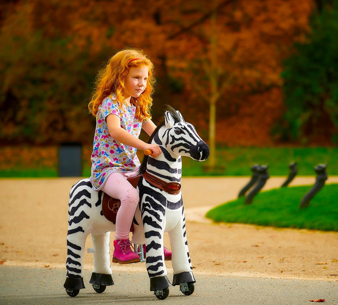 Ponnie Reitpferd mit Rollen Dixi Zebra S (3-6 Jahre), Spielpferd zum Reiten mit Abnehmbarer Braun Sa