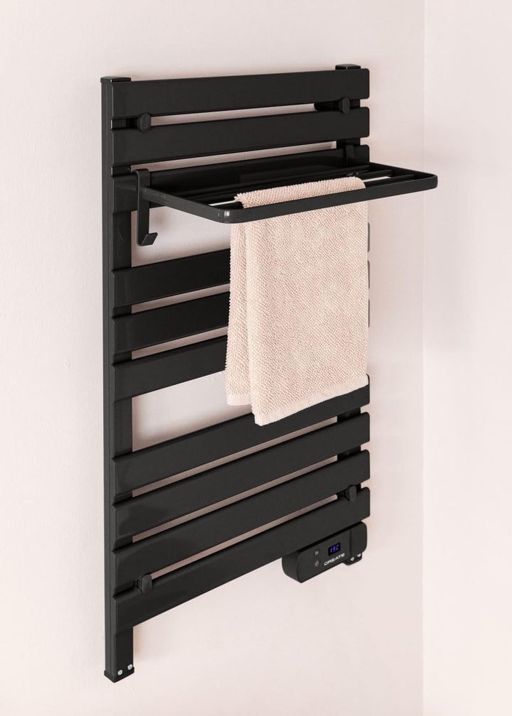 CREATE / WARM Towel 500W / Elektrischer Badheizkörper Schwarz mit Regal / 96,9x5x55cm / Für Boden od