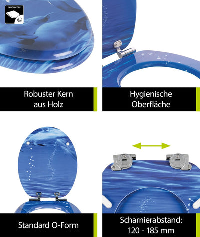 'aquaSu® WC-Sitz mit Absenkautomatik, Delphin Dekor Gruss Vom Meer, Toilettensitz mit Holzkern, Schn