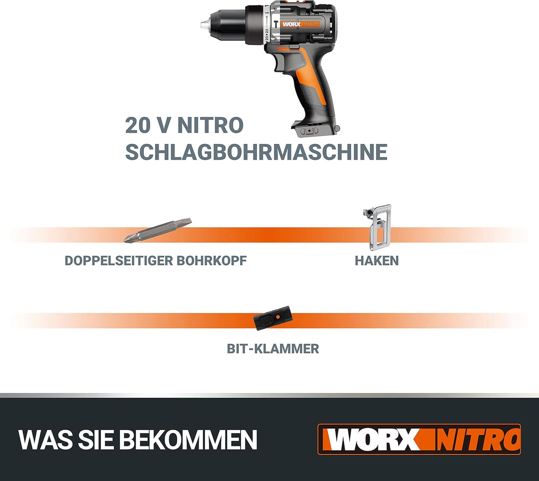 WORX WX352.9 Akku Schlagbohrschrauber Set, Bürstenloser Akkuschrauber 20V, 60Nm, 2-Gang-Getriebe und