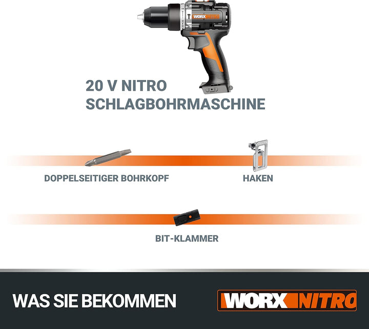 WORX WX352.9 Akku Schlagbohrschrauber Set, Bürstenloser Akkuschrauber 20V, 60Nm, 2-Gang-Getriebe und