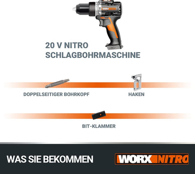 WORX WX352.9 Akku Schlagbohrschrauber Set, Bürstenloser Akkuschrauber 20V, 60Nm, 2-Gang-Getriebe und