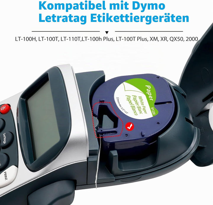 Aken 91200 Papier Weiss 12mm x 4m Schriftbänder Kompatibel mit Dymo Etikettenband, Kompatibel mit Dy