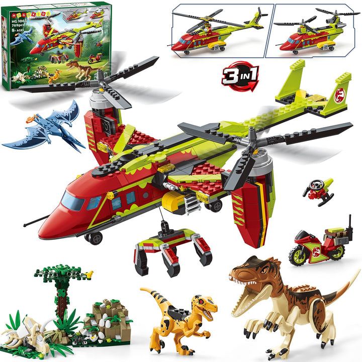 HOGOKIDS 3-in-1 Flugzeug-Bauset mit Dinosaurier, 769PCS Kipprotor-/Transporthubschrauber-/Doppelroto