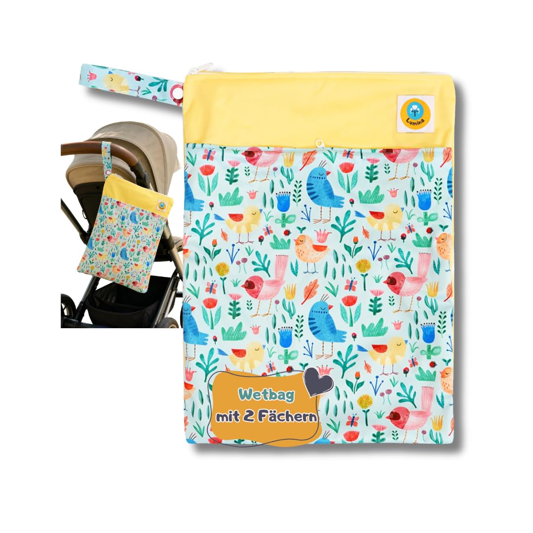 Lumina doppel Wetbag/Nasstasche mit 2 Fächern hochwertiger Zipper: Birdy Garden, Birdy Garden
