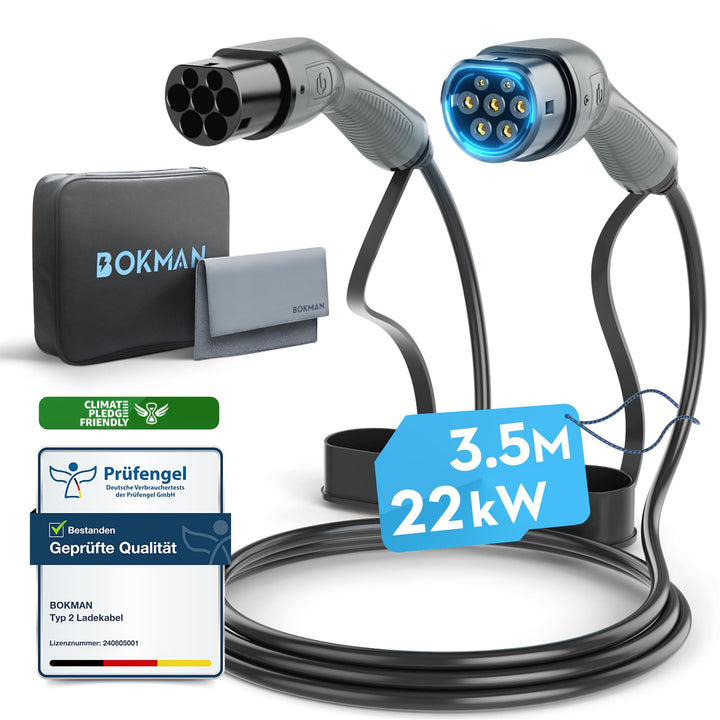 bokman Typ 2 Ladekabel, 22kW / 32A / 3-Phasig / 3,5 Meter/Modus 3, Typ 2 auf Typ 2 EV Ladekabel für