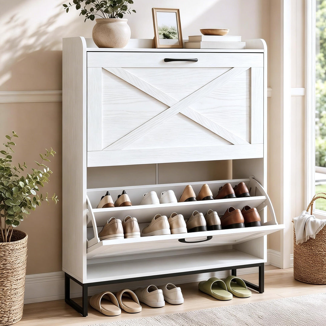 Hawthyhome Schuhschrank schmal 2 Fächer, Schuhkipper für 12-16 Paar Schuhe, Platzsparender Schuhschr