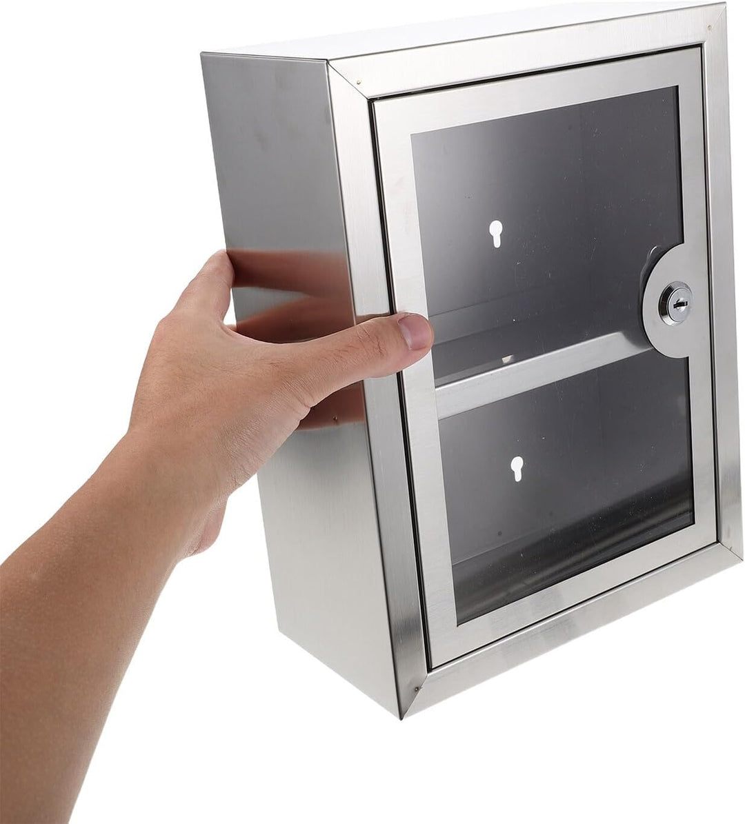 Abschliessbare Medikamentenbox aus Metall mit 2 Ablagen Transparente Tür Wandmontage Edelstahl für K