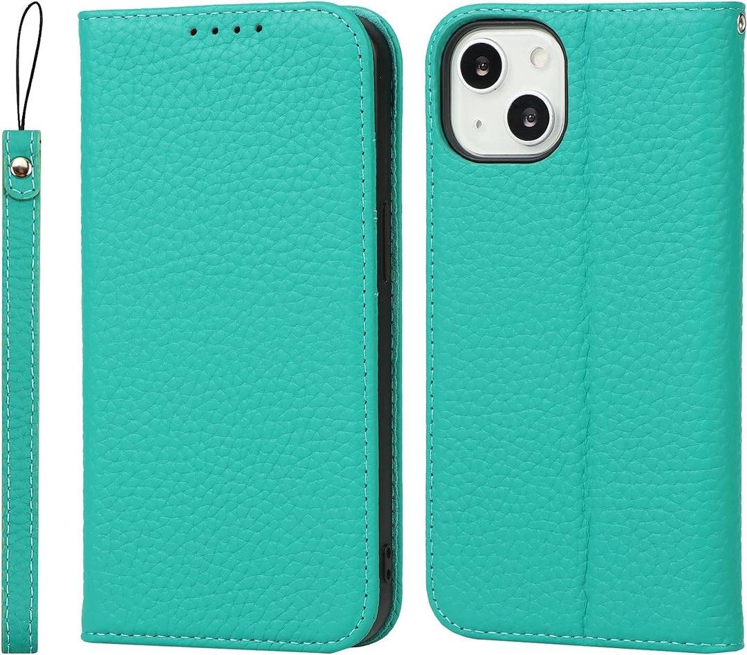 SailorTech Brieftasche Hülle für iPhone 13, Luxus Litschi Genarbtes Echtleder Hülle mit Handschlaufe