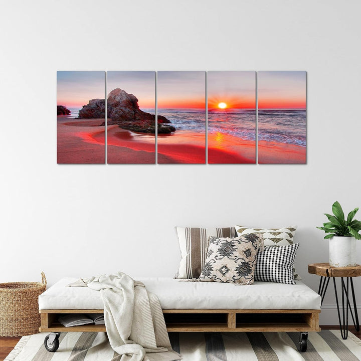 Runa Art Wandbild XXL Sonnenuntergang Strand Schlafzimmer Wohnzimmer 200 x 80 cm Rot 5 Teilig - Made