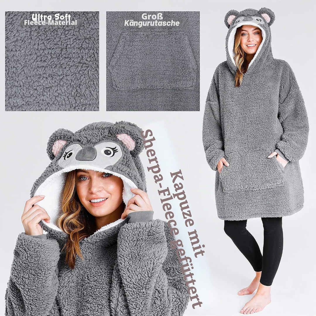 CityComfort Übergrösse Kapuzenpullover Decke mit Ärmeln Blanket Hoodie Decke Oversized Grauer Koala,