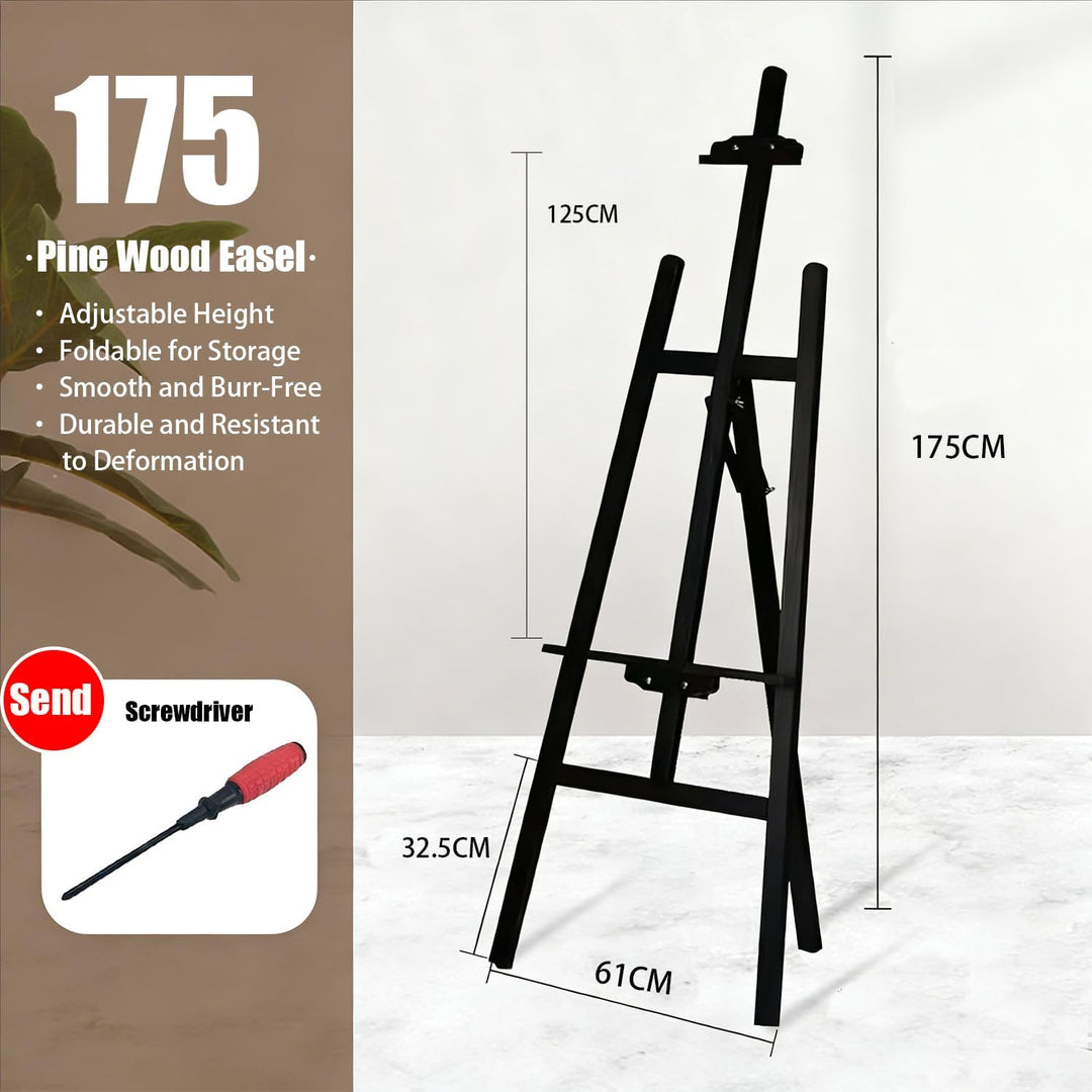 2PCS Staffelei Holz Gross,Staffelei Kinder,175 Cm Schwarz Massivholz-Malstaffelei,Höhenverstellbare,