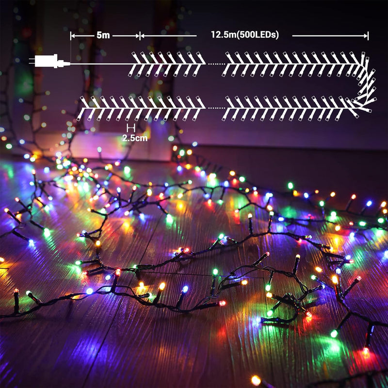 PhilzOps 500 LED Cluster Weihnachten Lichterkette Aussen, 12.5M Bunt Lichterkette Strom 8 Modi Wasse